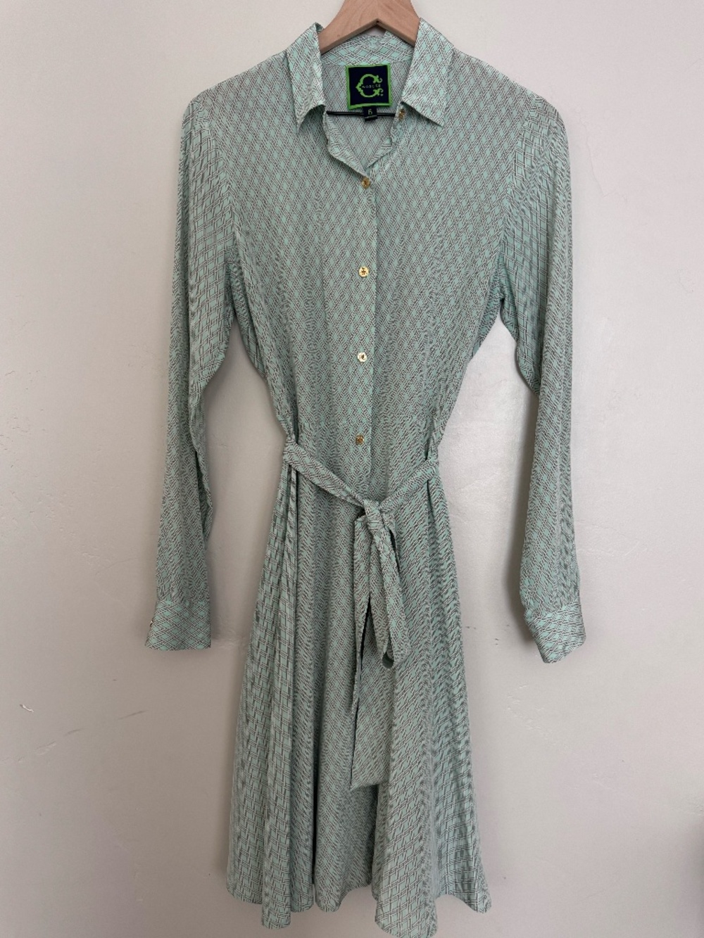 C. Wonder 100% Silk Button Down Belted Shirt Dress Size 6 Green Office Chic